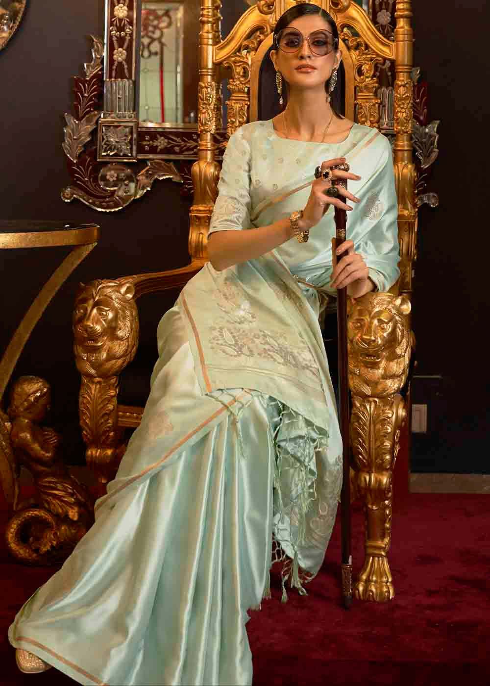Chinoise Green Designer Satin Silk Saree