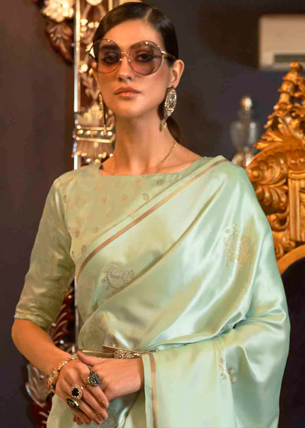 Chinoise Green Designer Satin Silk Saree