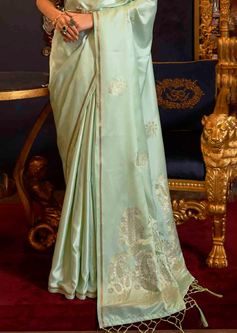 Chinoise Green Designer Satin Silk Saree