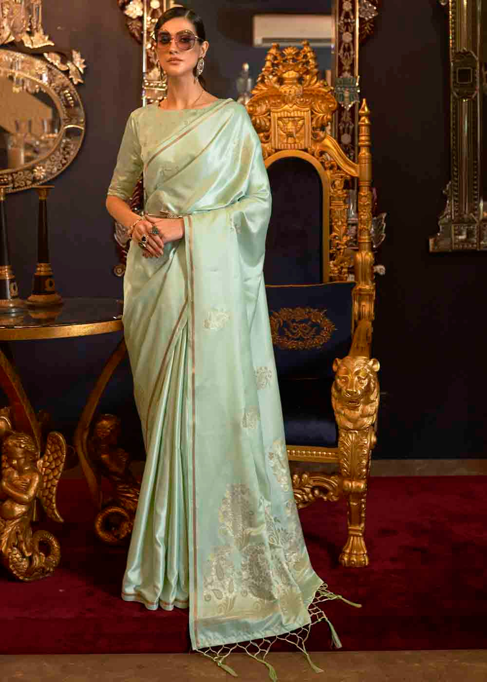 Chinoise Green Designer Satin Silk Saree