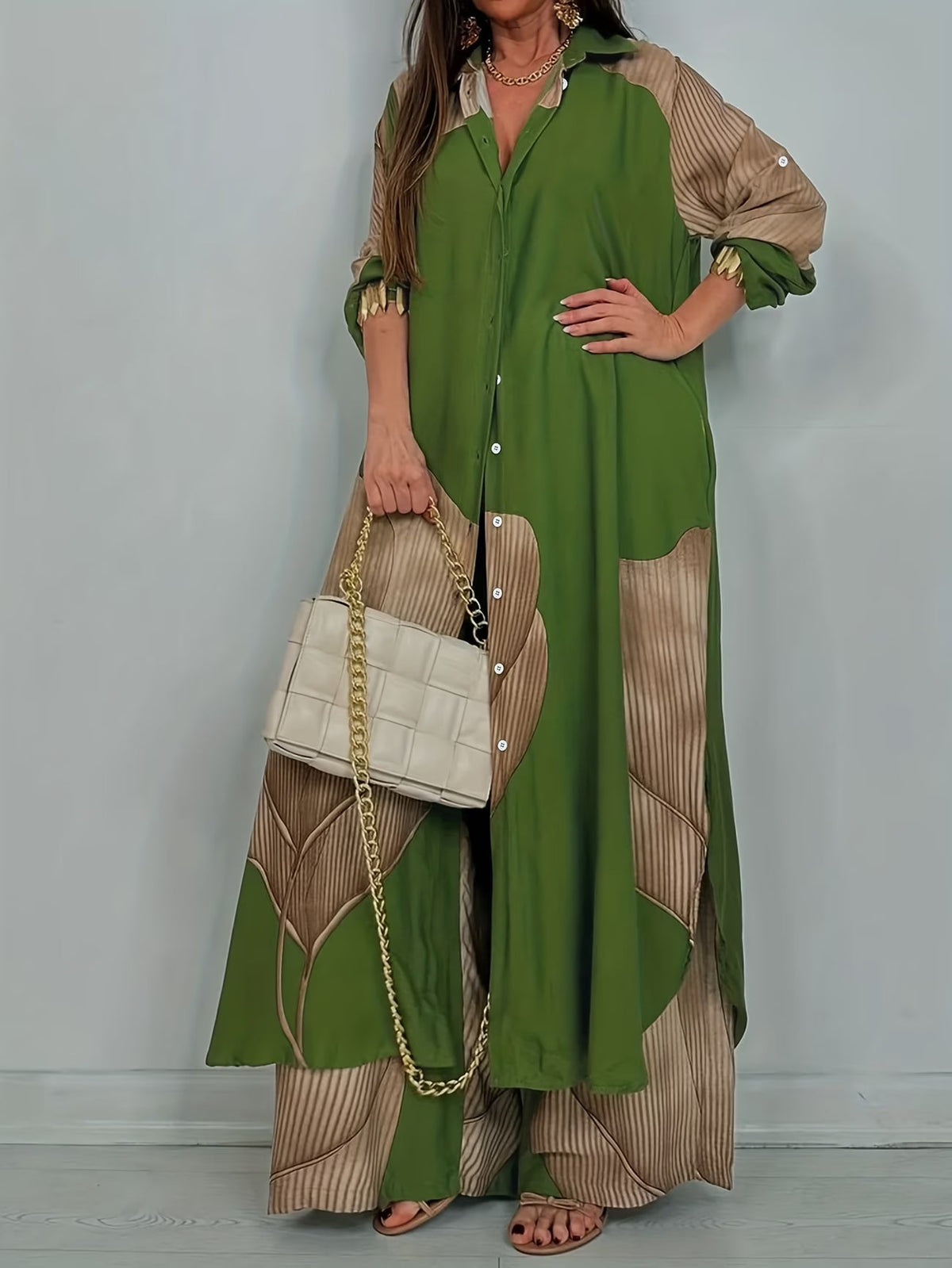 Women's Printed Long Shirt & Relaxed Pants Two-Piece Set
