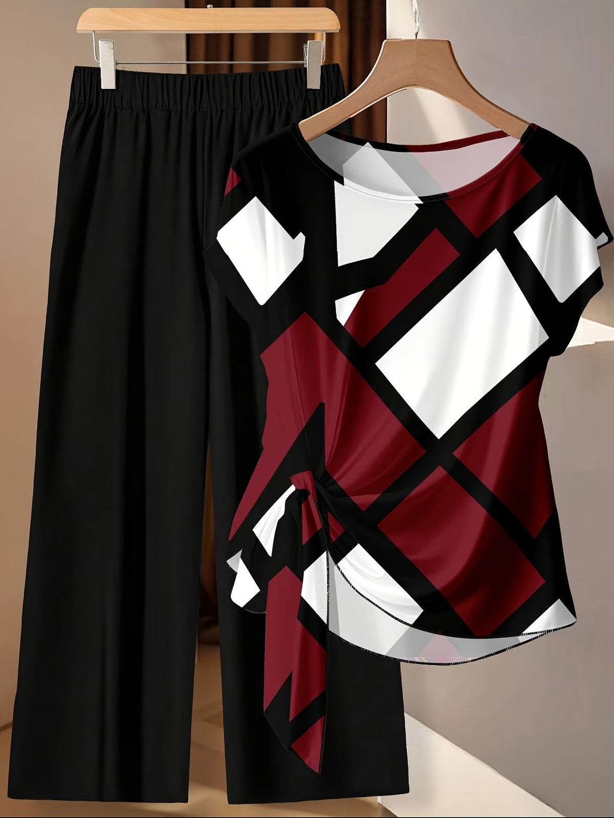 Women's Floral Print Tie-Front Shirt & Wide-Leg Pants Two-Piece Set