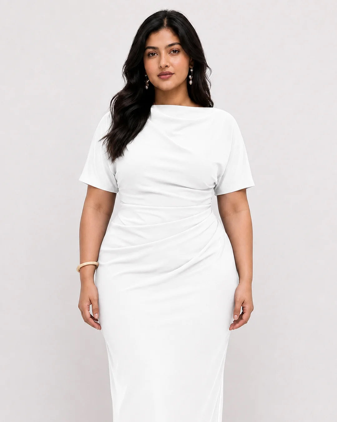 Ruched Boat Neck Dress Curve and Plus in Classic White