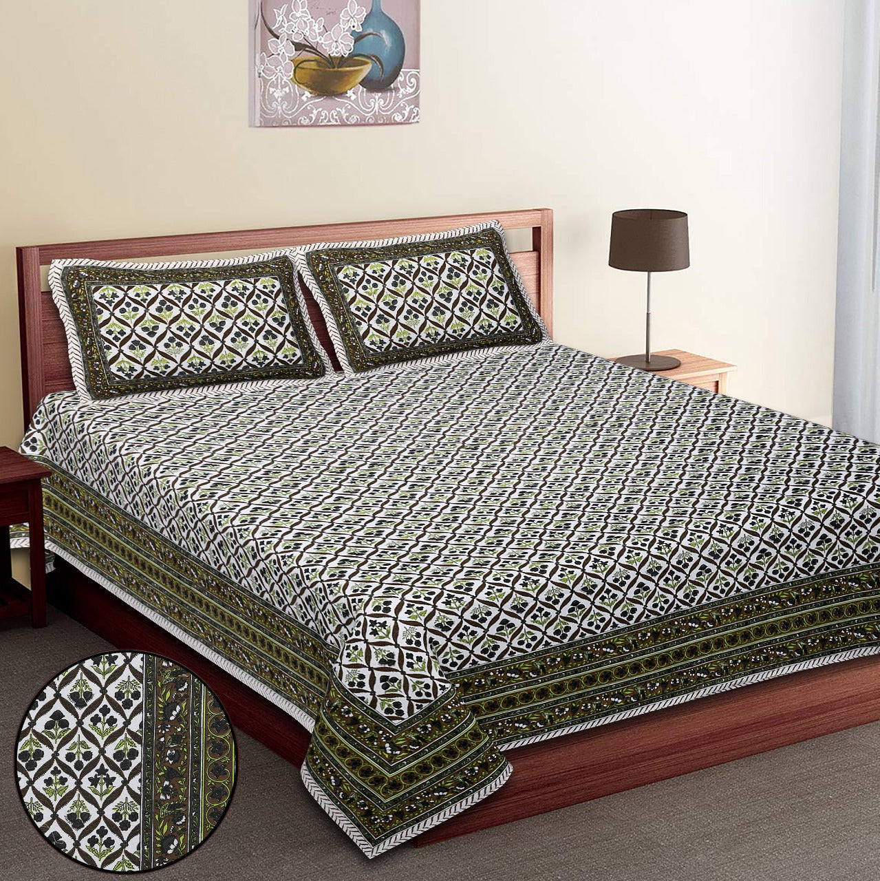 King-Size Cotton Bedsheet Set with Pillow Covers