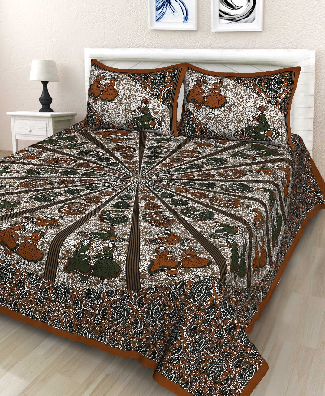 Jaipuri Double Bedsheet Set with Two Pillow Covers - 90x100 Size