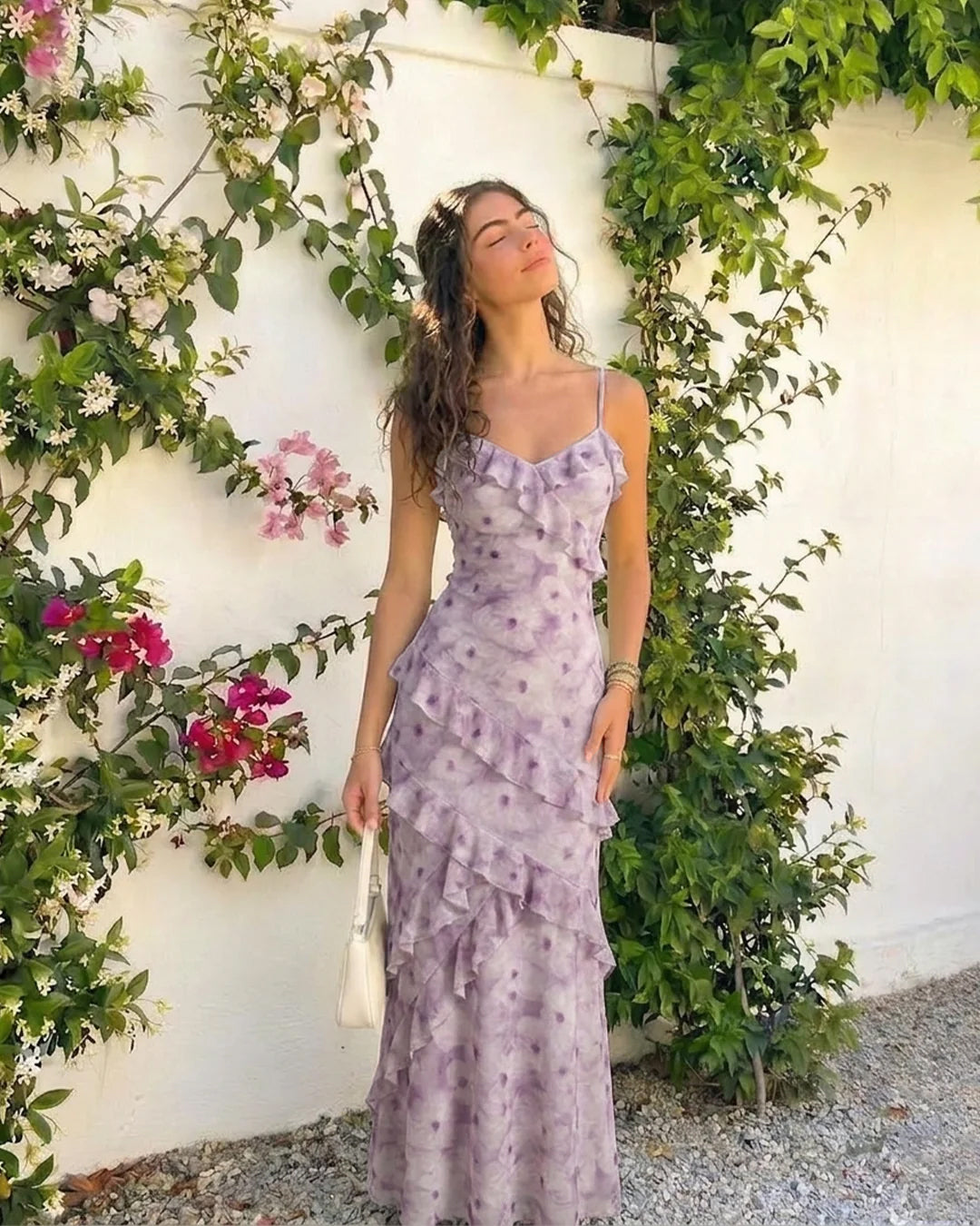 Sleeveless Tiered Ruffle Floral Print Dress In Lilac