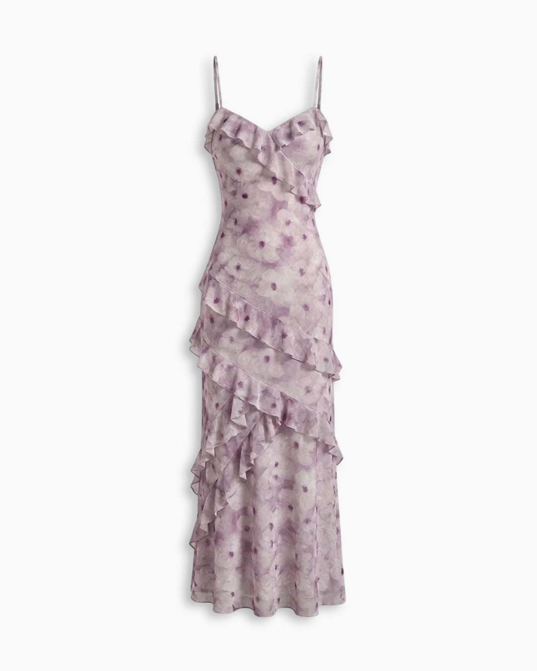 Sleeveless Tiered Ruffle Floral Print Dress In Lilac