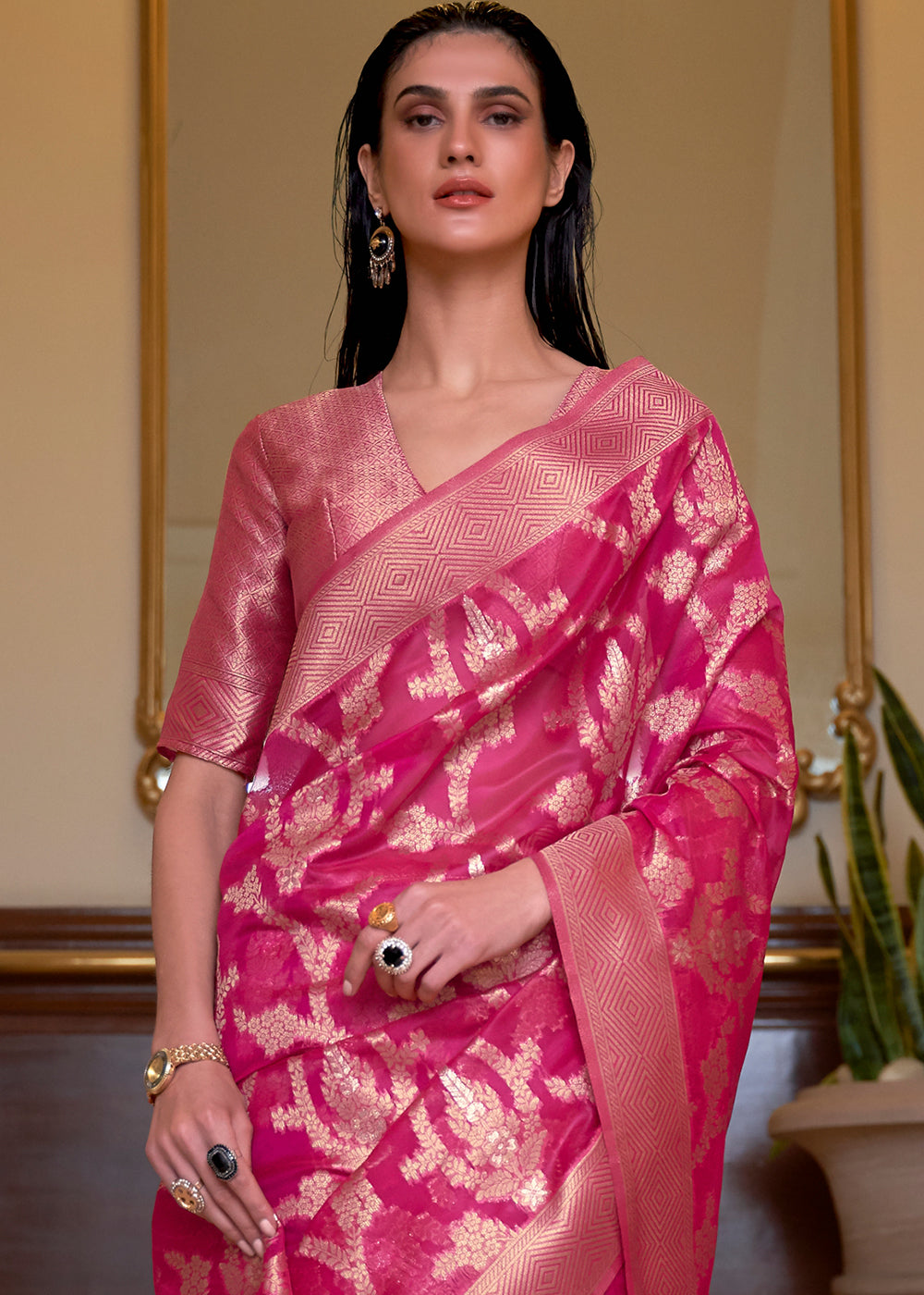 Hot Pink Two Tone Handloom Woven Organza Silk Saree