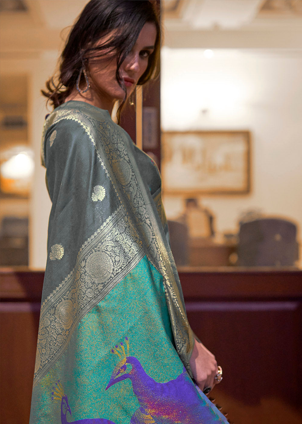 Lead Grey Woven Chanderi Banarasi Fusion Silk Saree