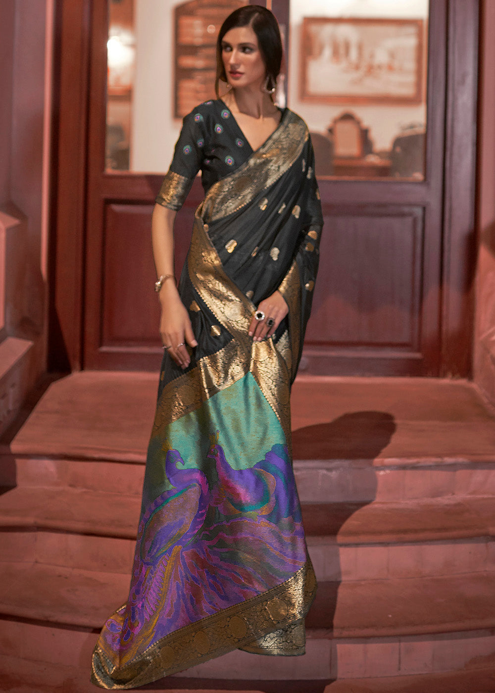 Midnight Black Woven Chanderi Banarasi Fusion Silk Saree