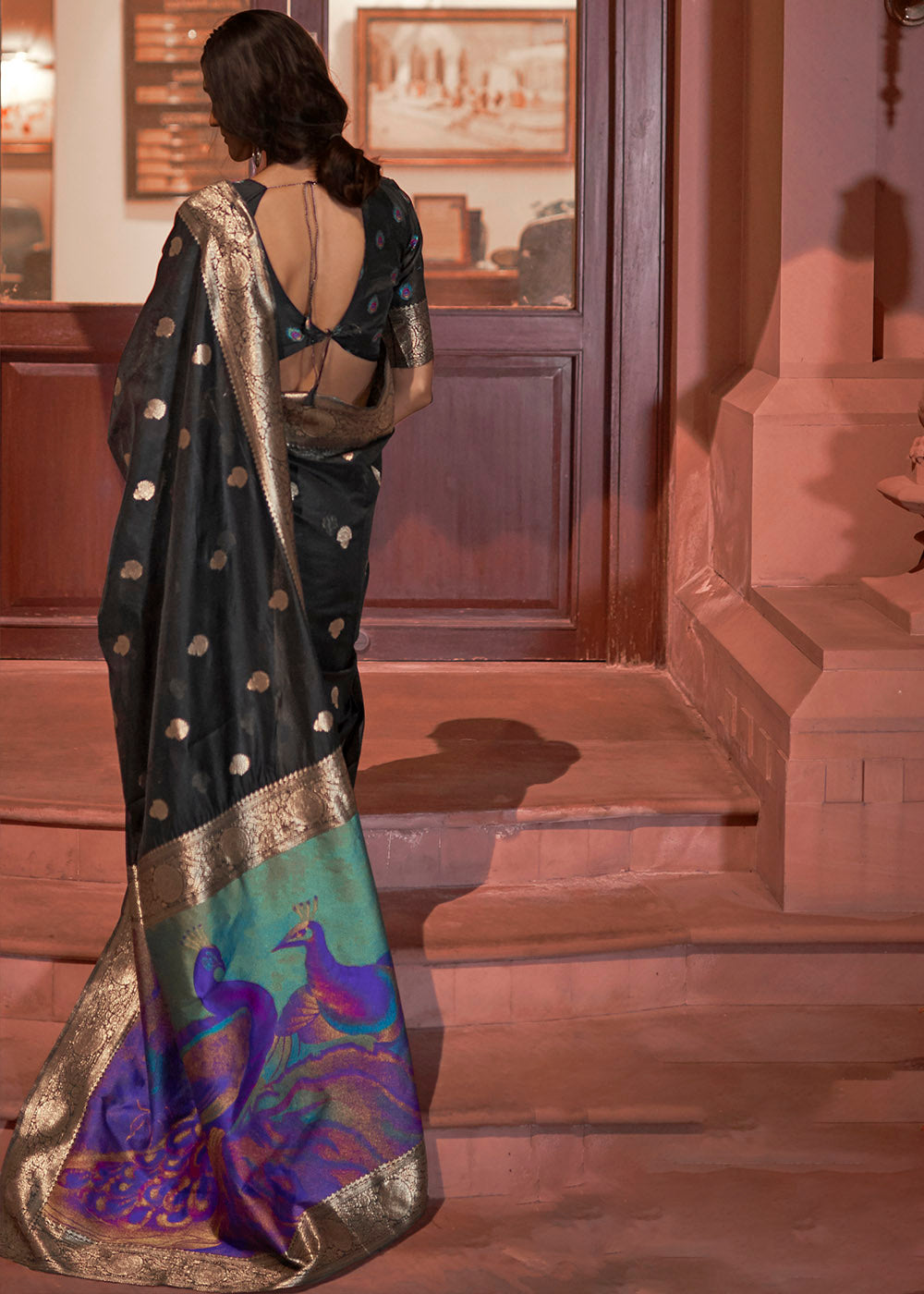 Midnight Black Woven Chanderi Banarasi Fusion Silk Saree