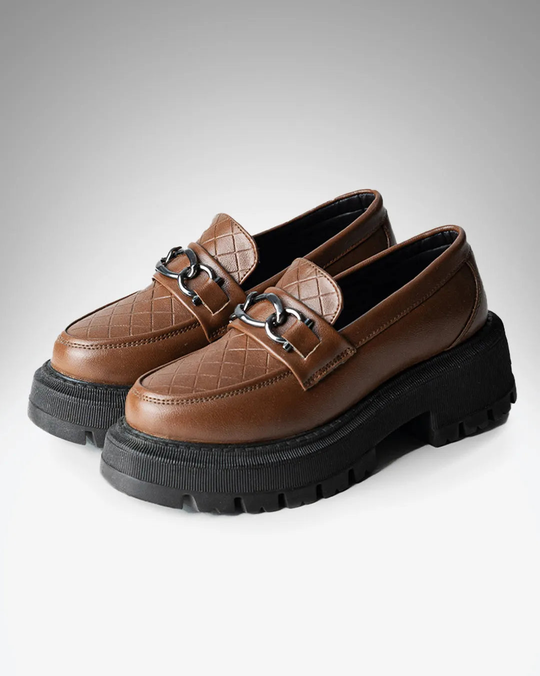 Round Toe Chunky Loafers With Silver Chain