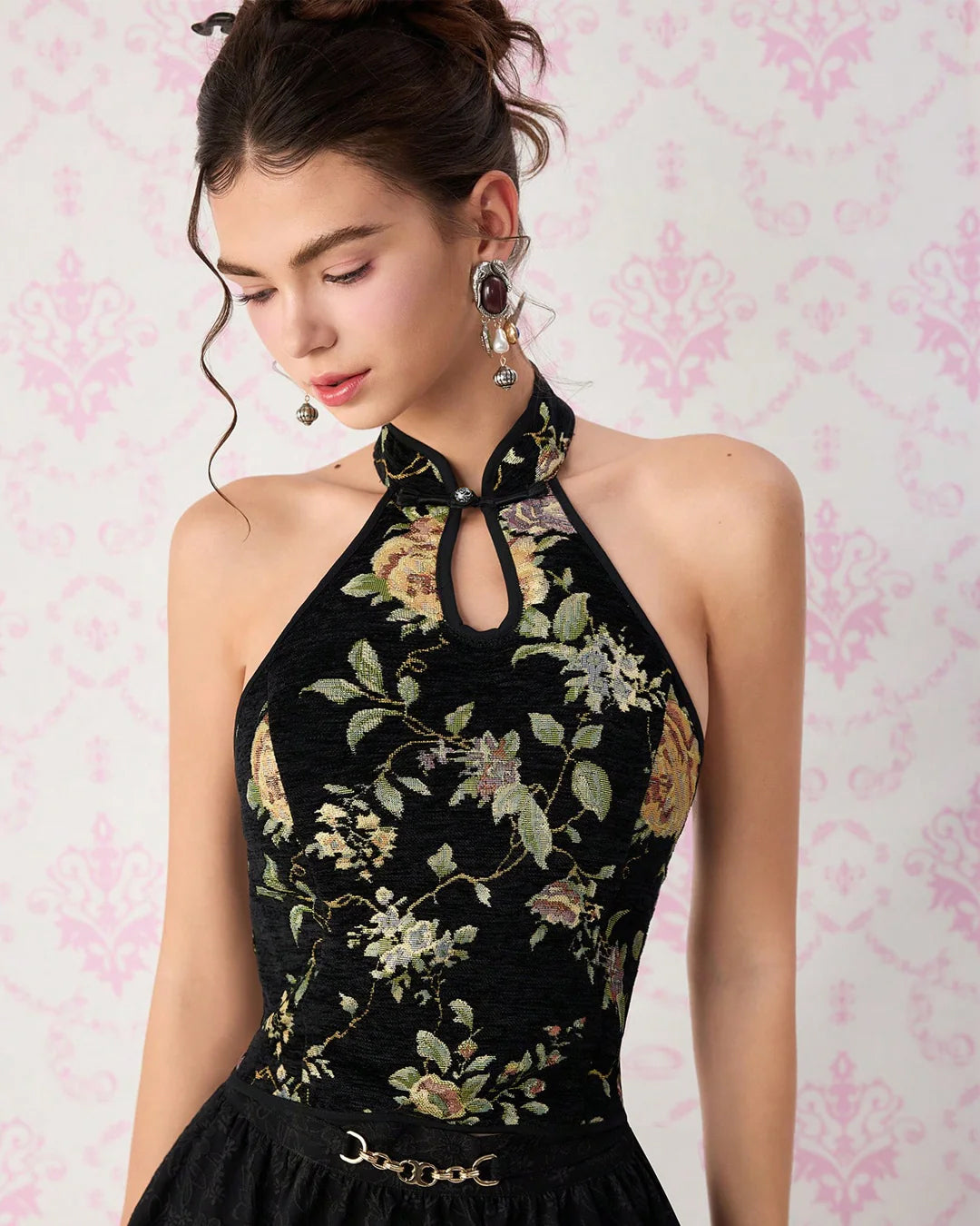 Keyhole Halter Neck Button Floral Top in Classic Black
