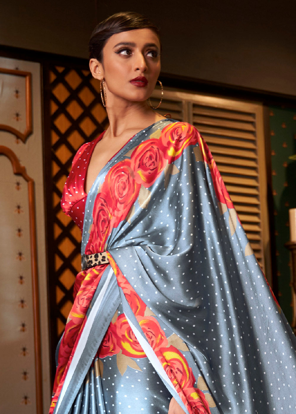 Lead Grey Designer Satin Crepe Printed Saree