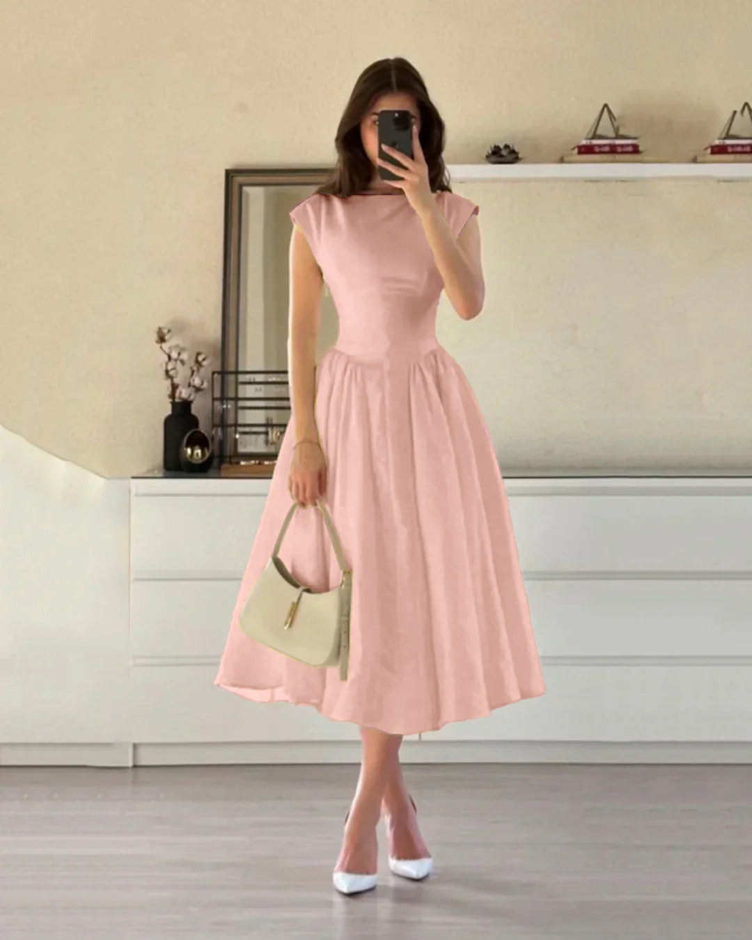 Cap Sleeve Fit & Flare A-Line Midi Dress in Powder Pink