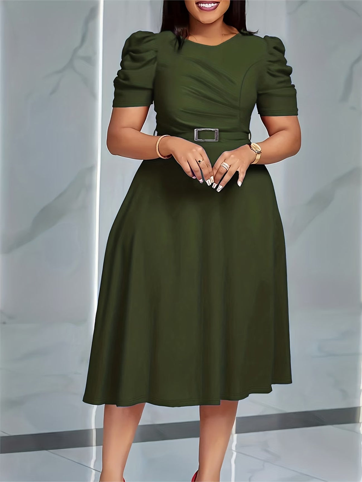 Women's Elegant V-Neck Ruffle Midi Dress with Waist Belt