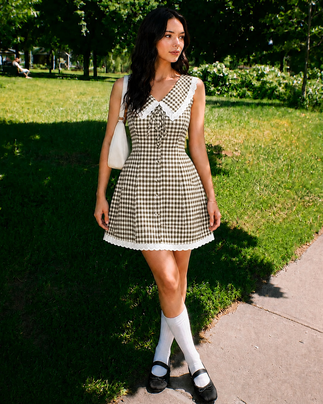 Peter Pan Collar Checked Fit and Flare Mini Dress in Classic White and Coffee Brown