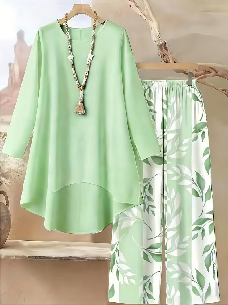 Elegant Leaf Print High-Low Co-Ord Set