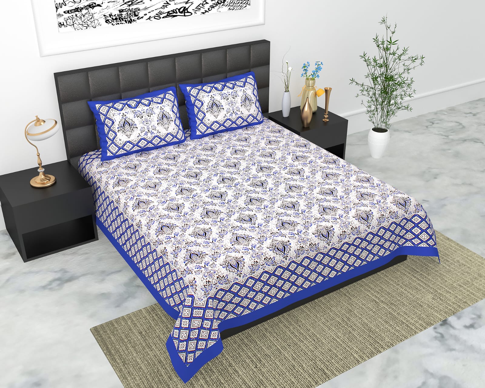 Jaipuri Double Bedsheet Set with Two Pillow Covers - 90x100 Size