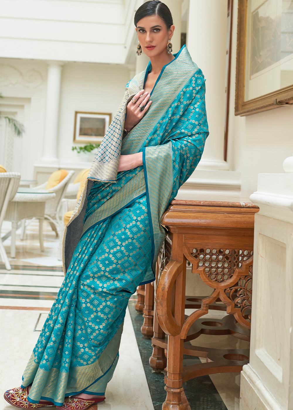 Cerulean Blue Handloom Patola Weave Silk Saree