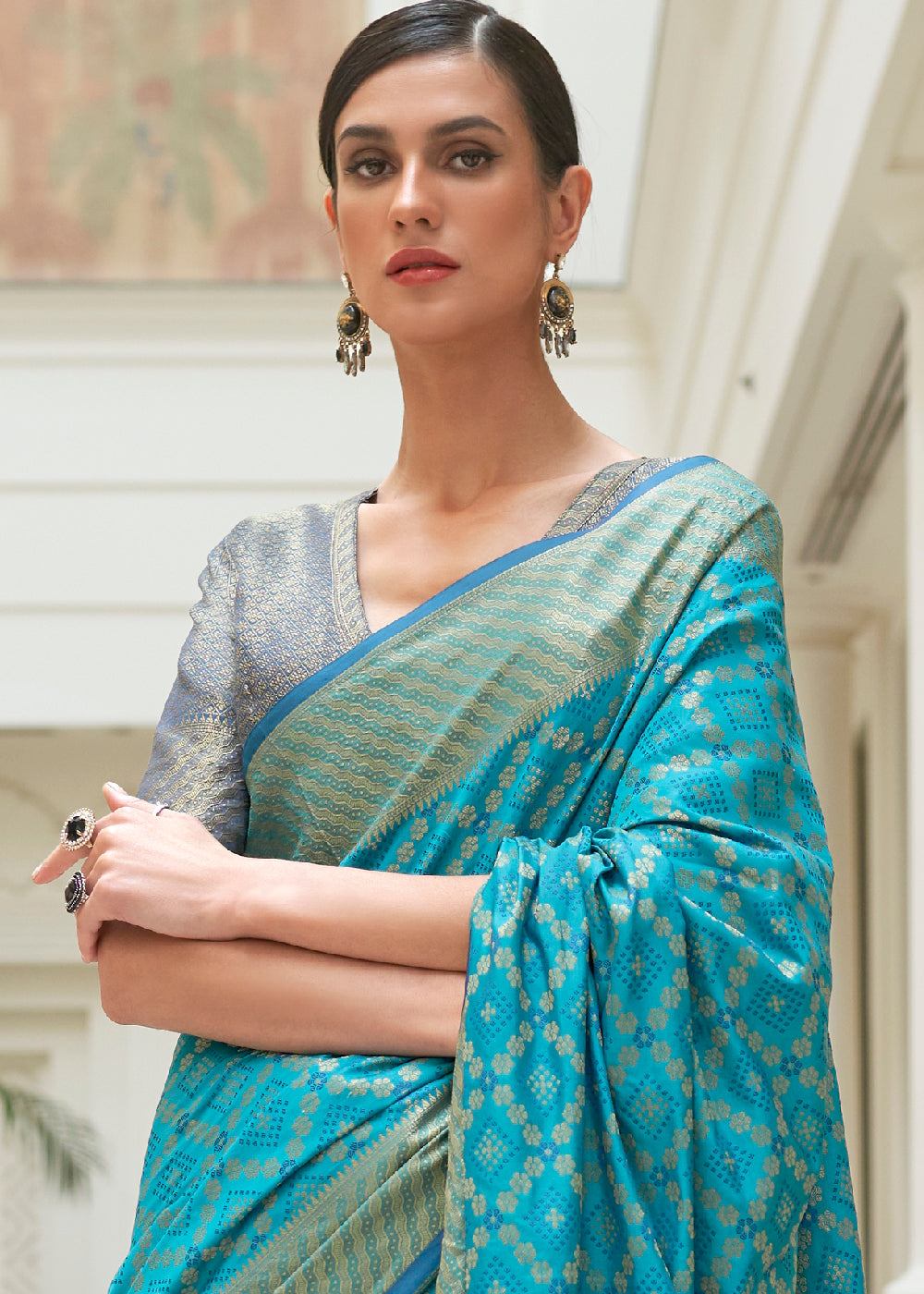 Cerulean Blue Handloom Patola Weave Silk Saree