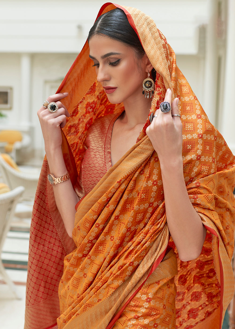 Peel Orange Handloom Patola Weave Silk Saree
