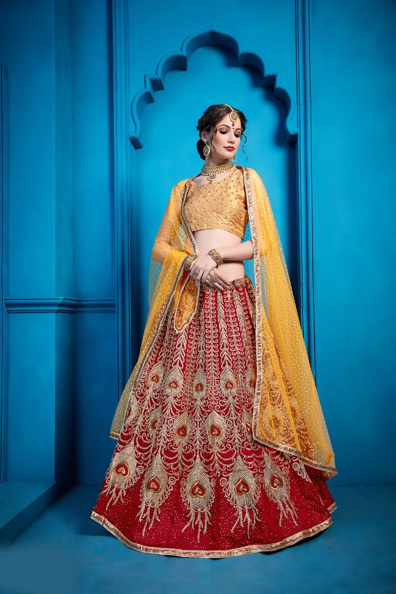 Awesome Red & Yellow Lehenga Choli With Sequence, Thread Work For Party Wear