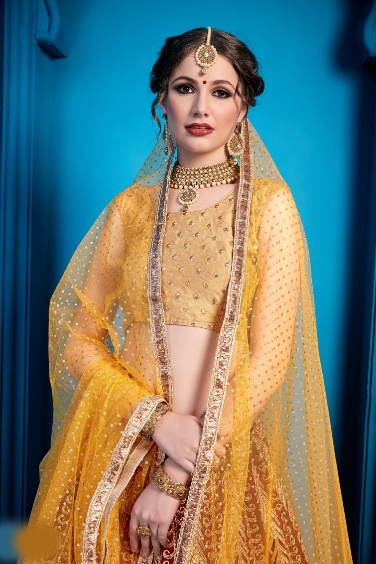 Awesome Red & Yellow Lehenga Choli With Sequence, Thread Work For Party Wear