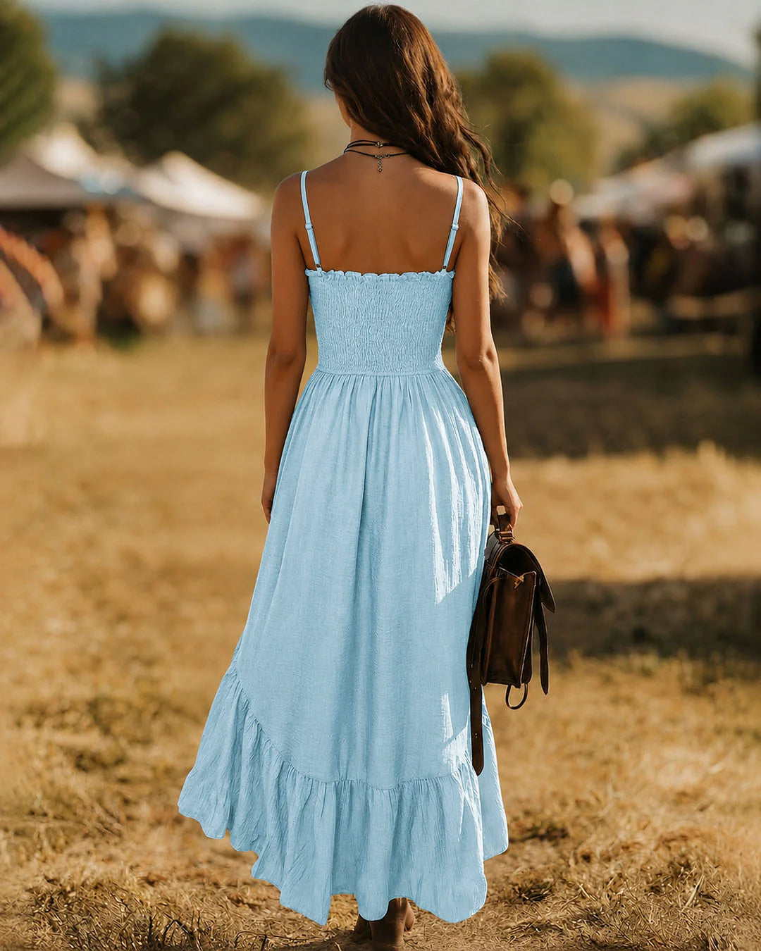 Slim Strap High-Low Hem Fit and Flare Midi Dress in Powder Blue