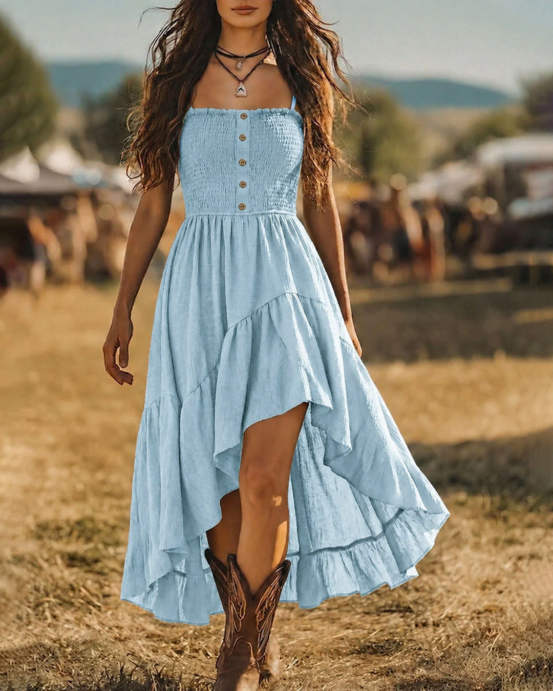 Slim Strap High-Low Hem Fit and Flare Midi Dress in Powder Blue