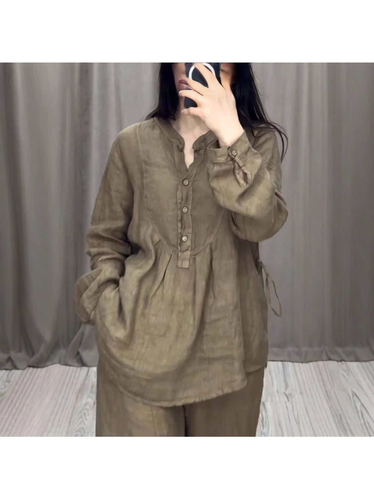 Women's Linen Blend Pleated Shirt & Wide-Leg Trouser Co-Ord Set