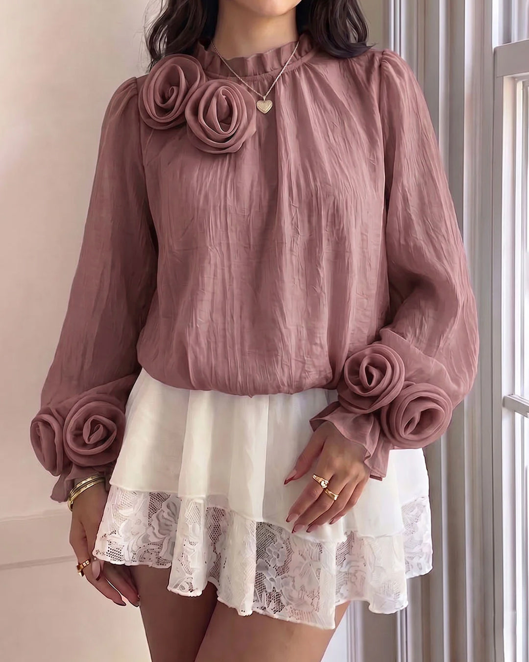 Rosette Detail High Neck Bishop Sleeve Top in Smoky Pink
