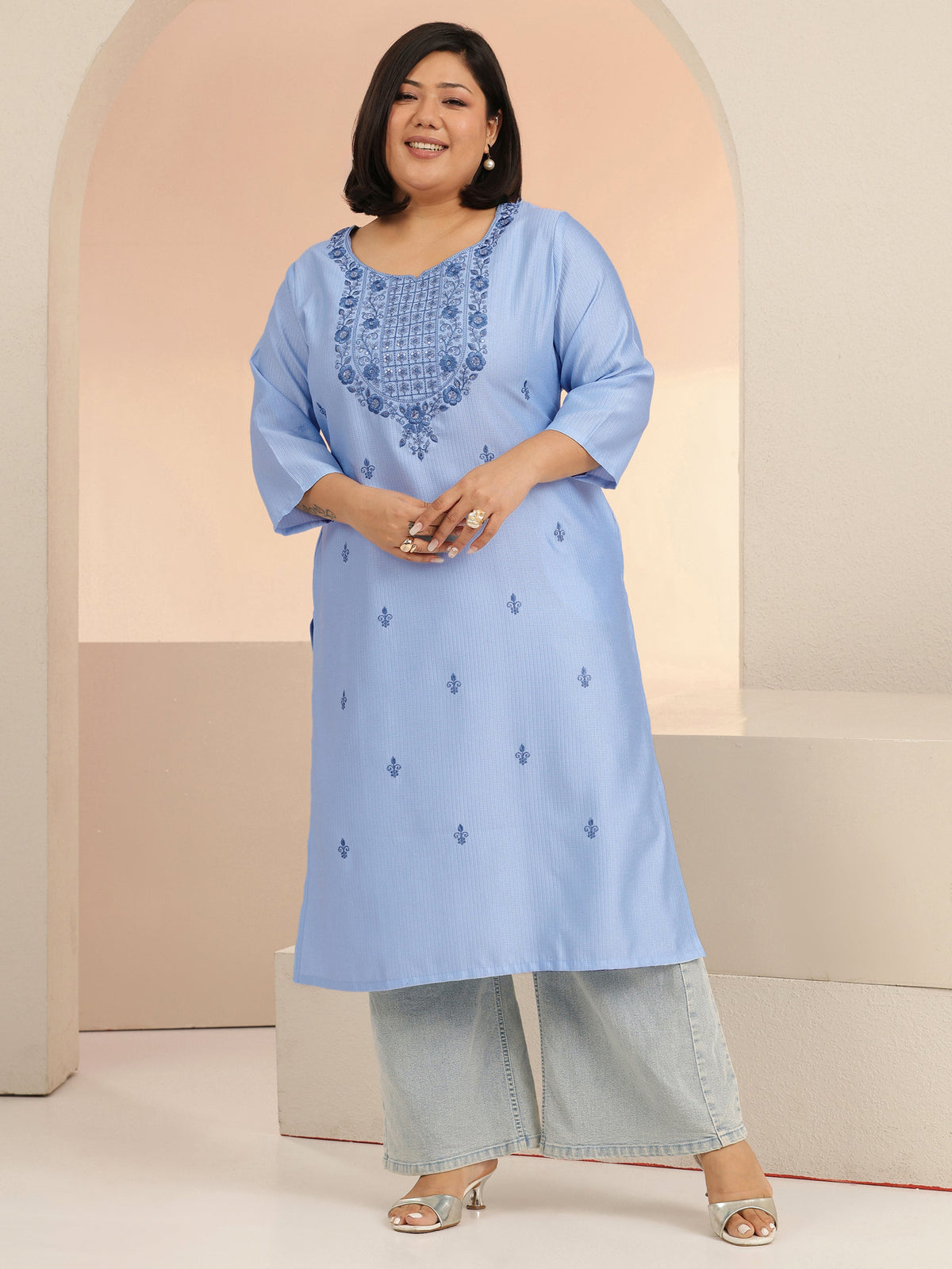 Plus Size Blue floral embroidered jacquard Cotton straight kurta
