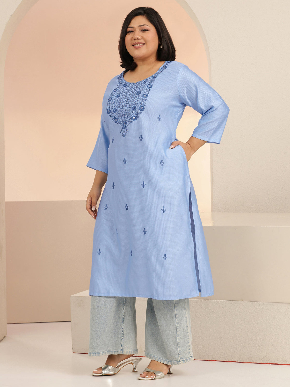 Plus Size Blue floral embroidered jacquard Cotton straight kurta