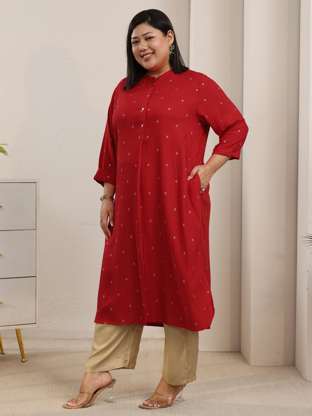 Plus Size Red Woven Design Rayon Straight Kurta
