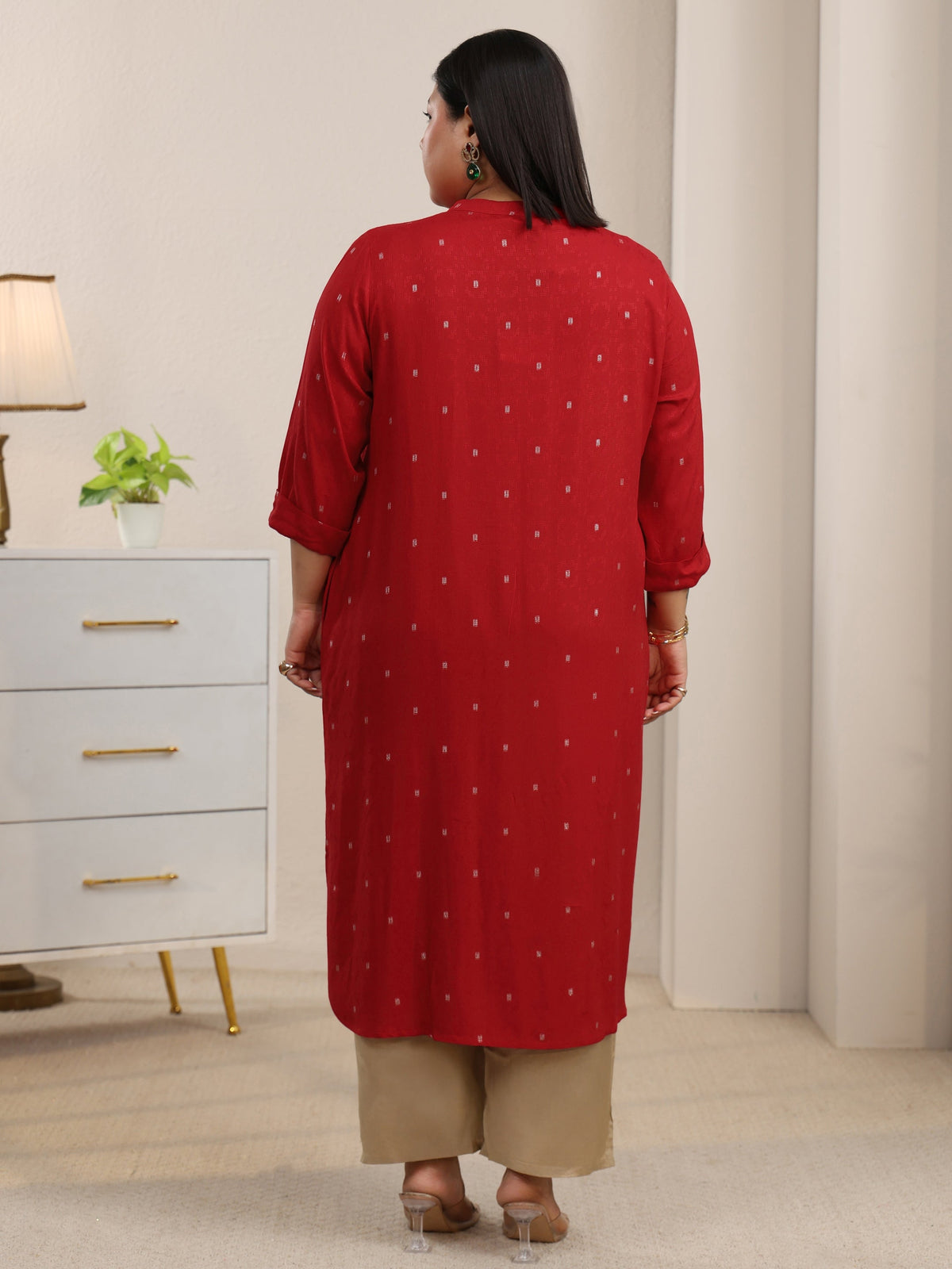 Plus Size Red Woven Design Rayon Straight Kurta
