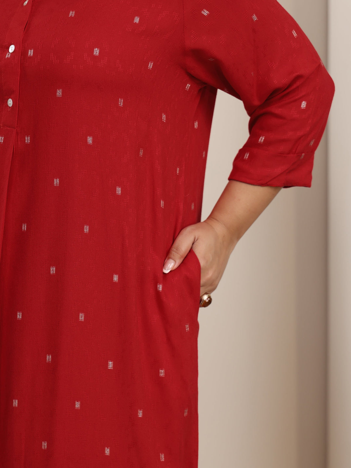 Plus Size Red Woven Design Rayon Straight Kurta