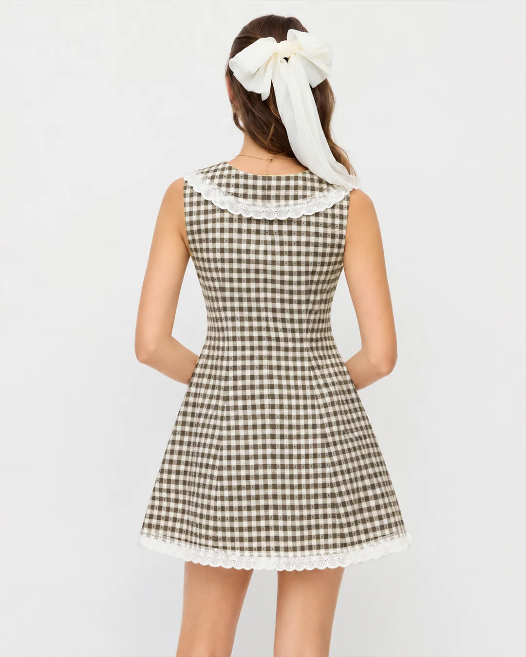 Peter Pan Collar Checked Fit and Flare Mini Dress in Classic White and Coffee Brown