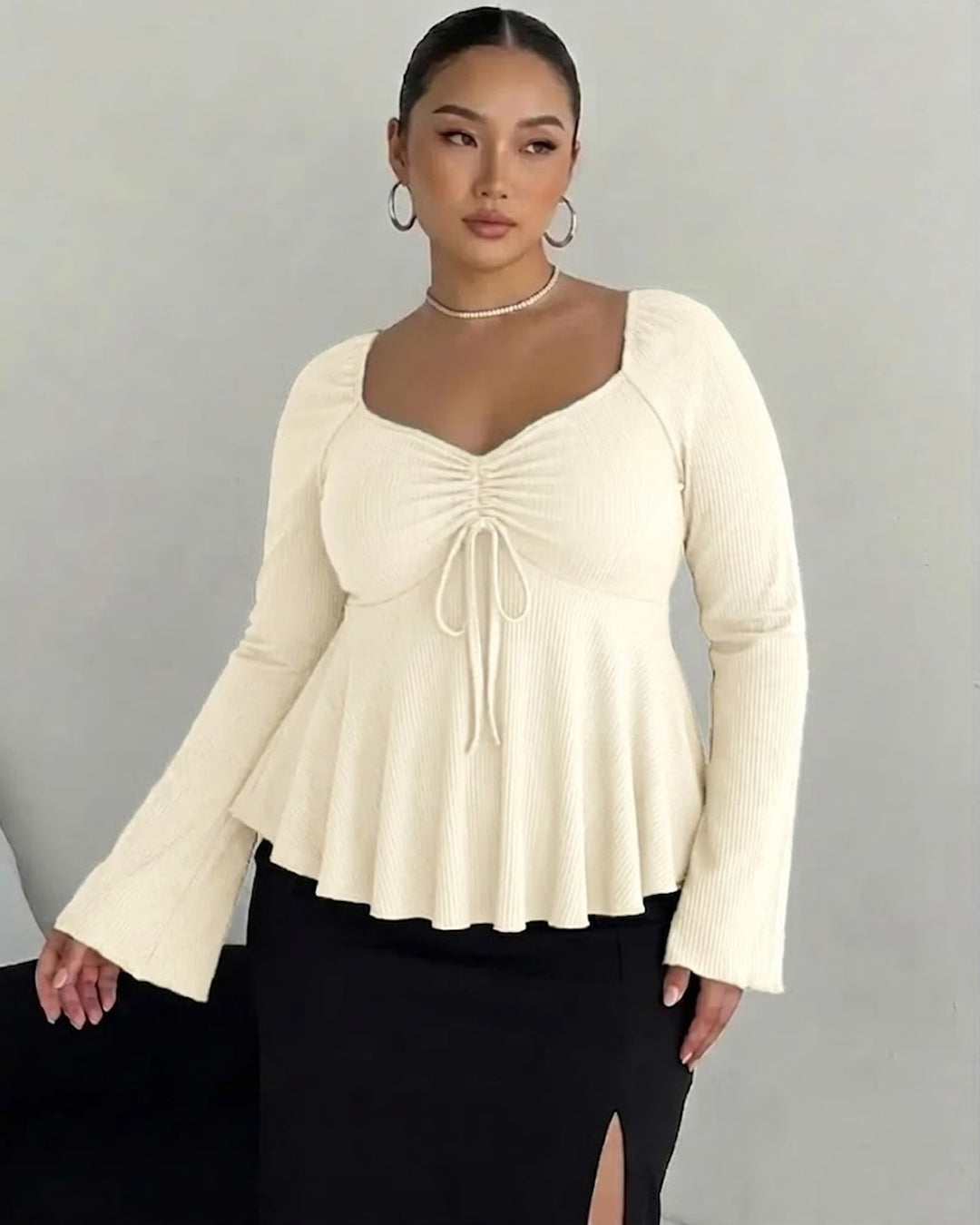 V Neck Ruched Flared Long Sleeve Top Curve And Plus in Classic White
