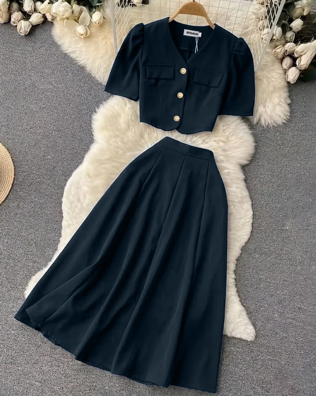 Chic Short Puff Sleeves Top And High Waisted Skirt Set in Pageant Blue