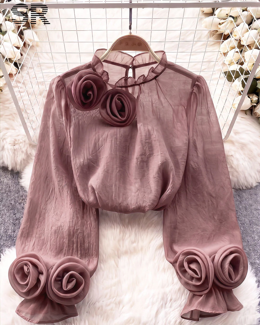 Rosette Detail High Neck Bishop Sleeve Top in Smoky Pink