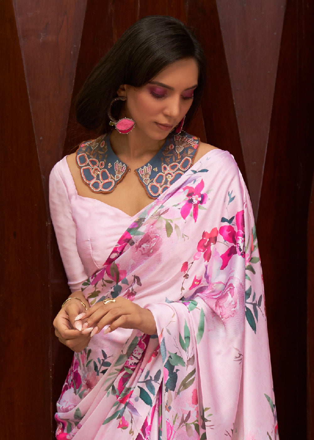 Blush Pink Floral Printed Satin Crepe Saree