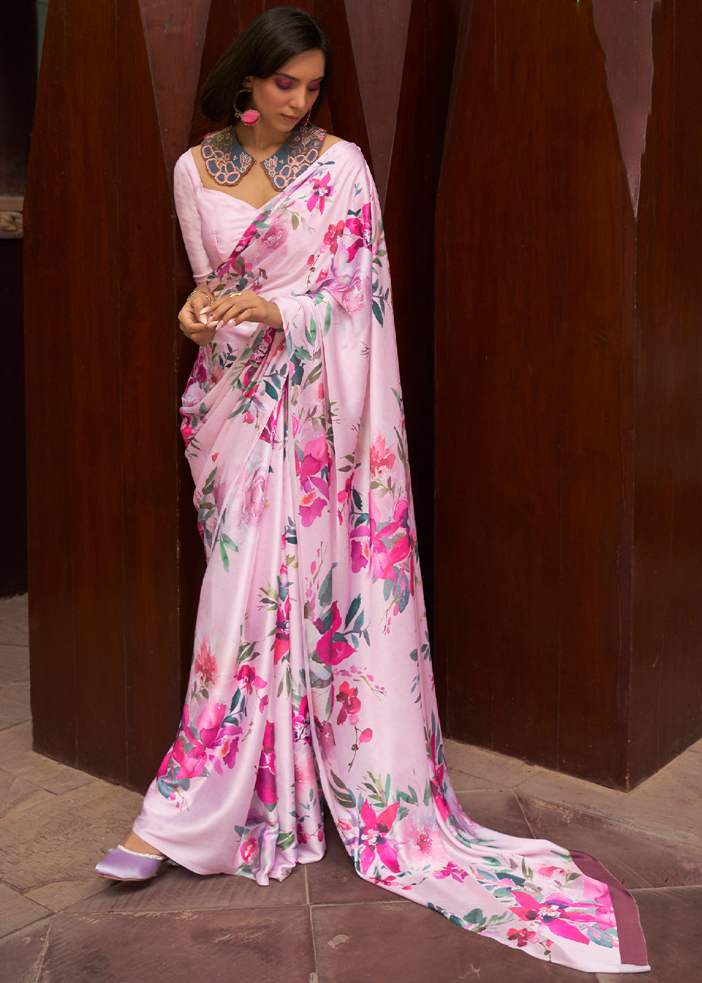 Blush Pink Floral Printed Satin Crepe Saree