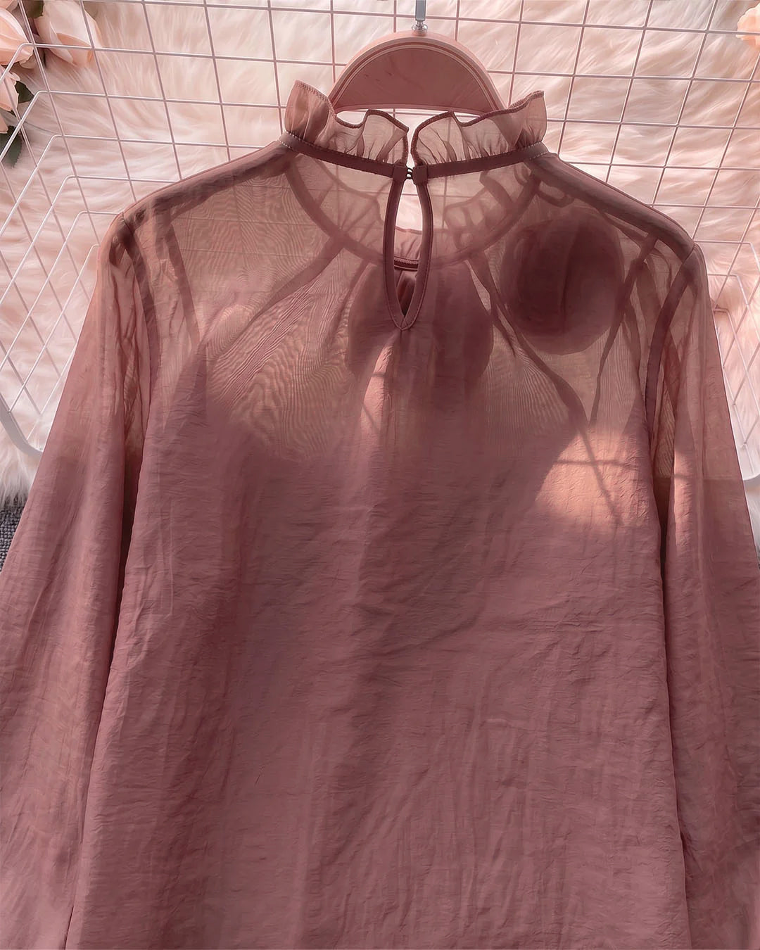 Rosette Detail High Neck Bishop Sleeve Top in Smoky Pink