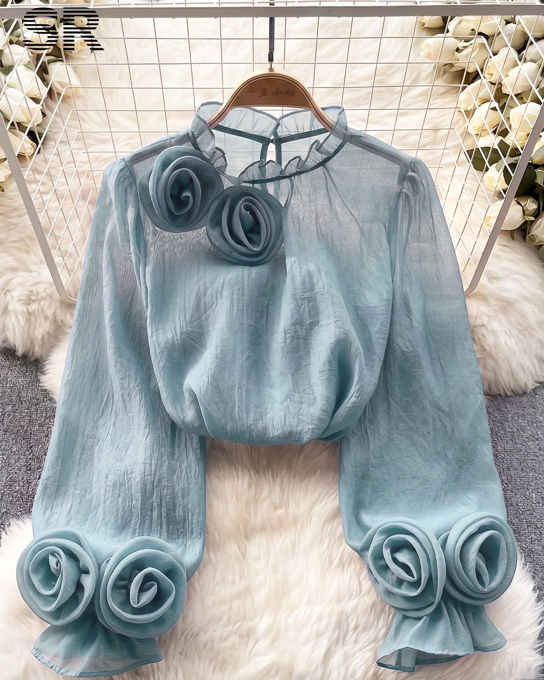 Rosette Detail High Neck Bishop Sleeve Top in Baby Blue
