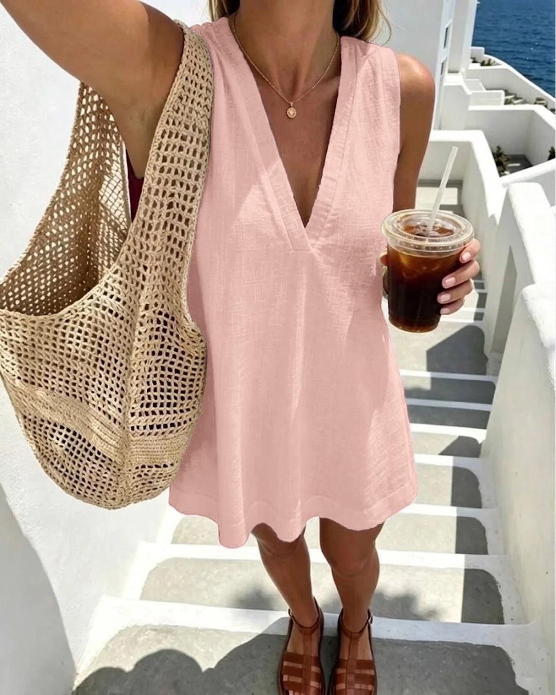 Casual V-Neck Sleeveless Relaxed Fit Mini Dress in Dusty Pink
