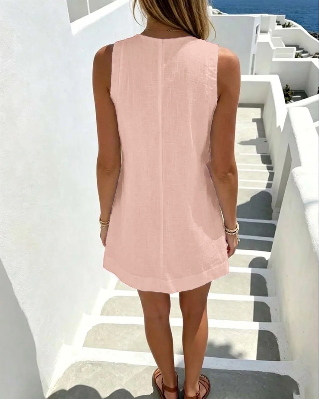 Casual V-Neck Sleeveless Relaxed Fit Mini Dress in Dusty Pink