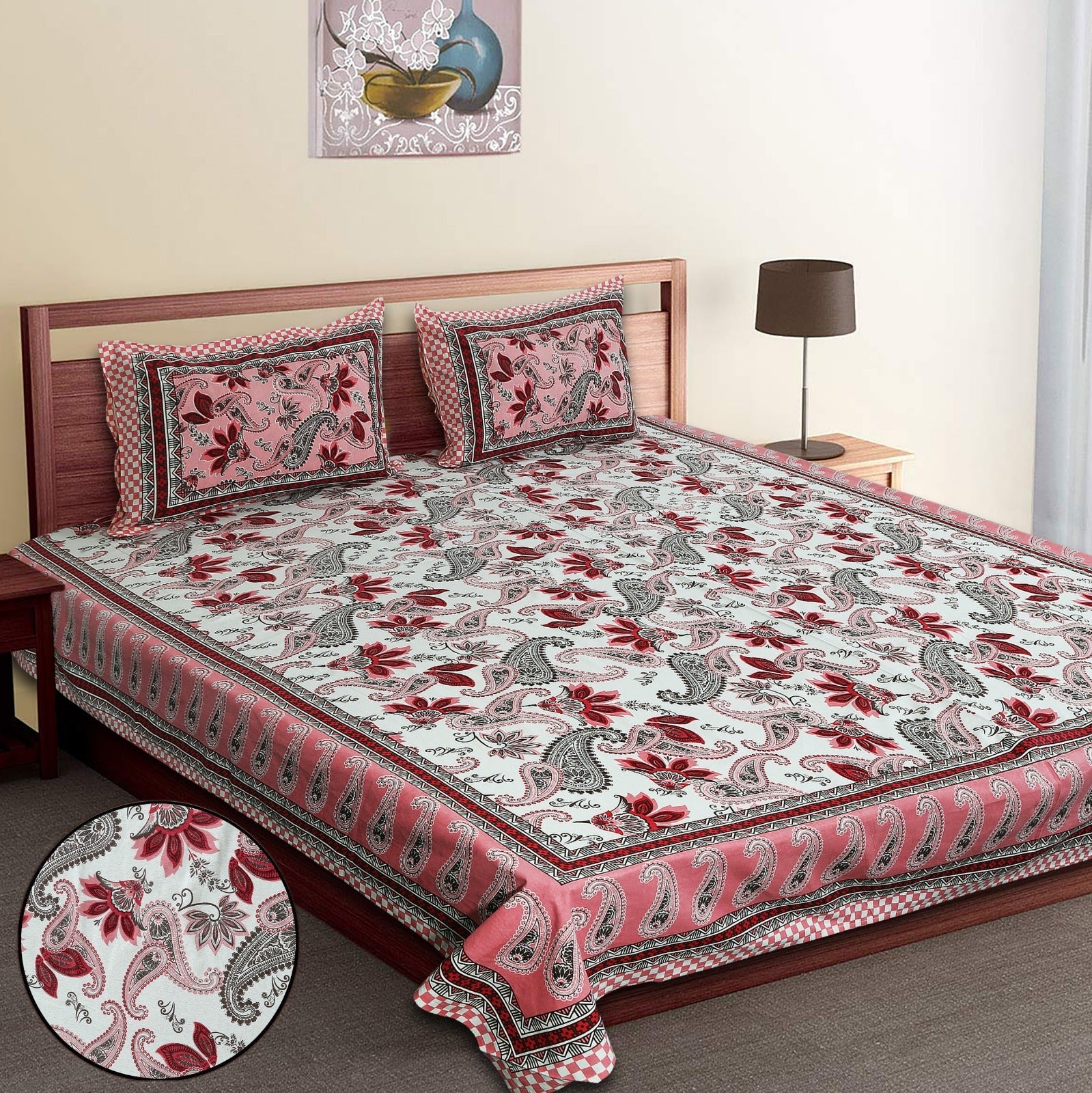 King-Size Bed Sheet Set with 2 Pillow Covers (Cotton Autoloom Fabric)