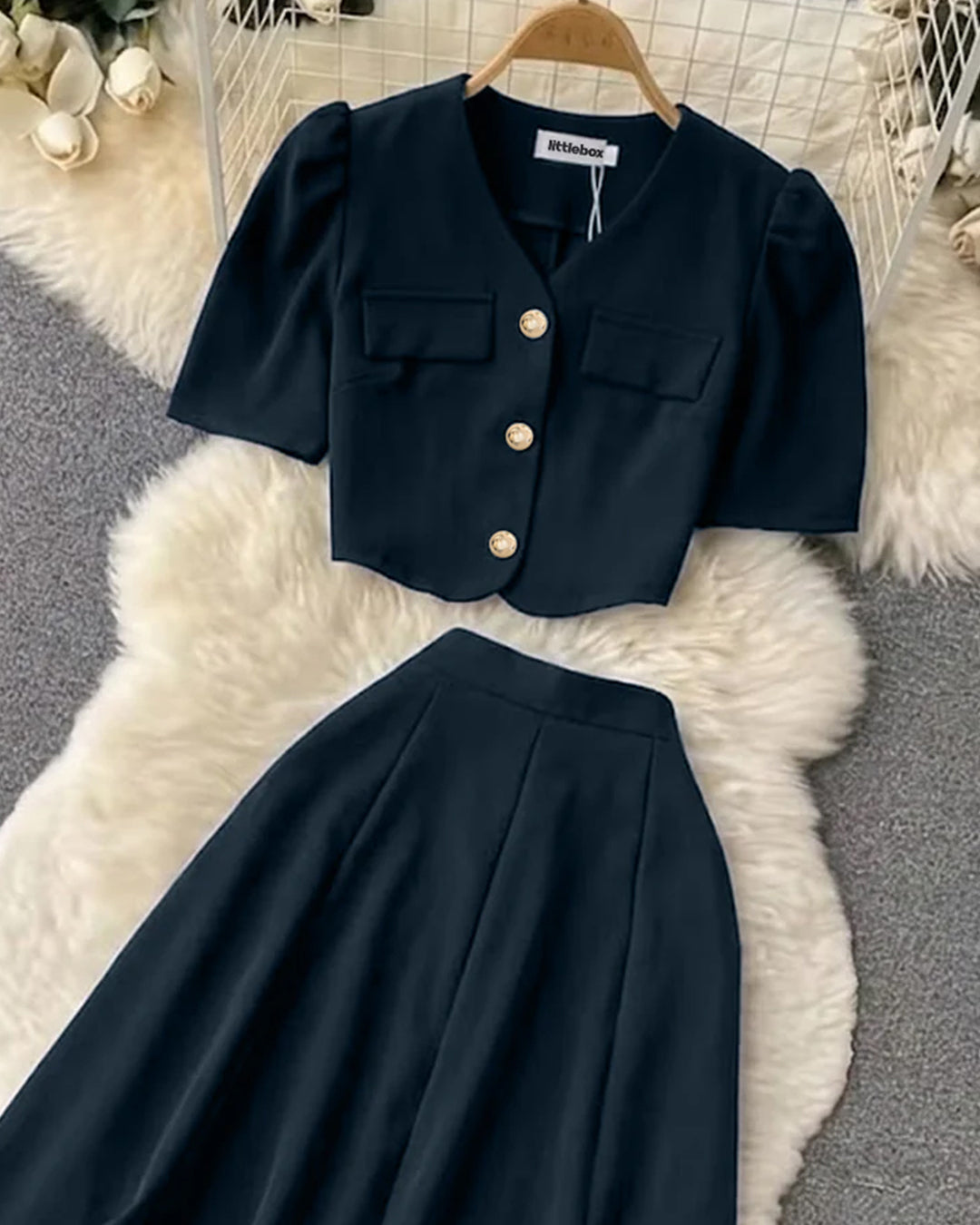 Chic Short Puff Sleeves Top And High Waisted Skirt Set in Pageant Blue