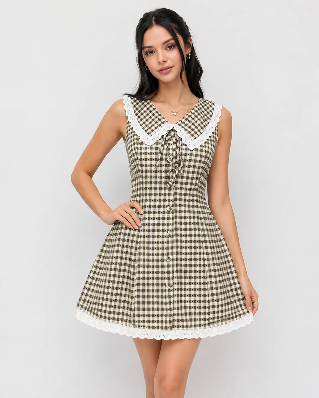 Peter Pan Collar Checked Fit and Flare Mini Dress in Classic White and Coffee Brown